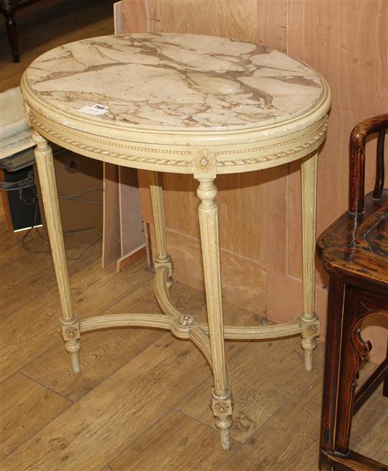 A Louis XVI style cream painted occasional table with marble top, W.67cm D.49cm H.74cm